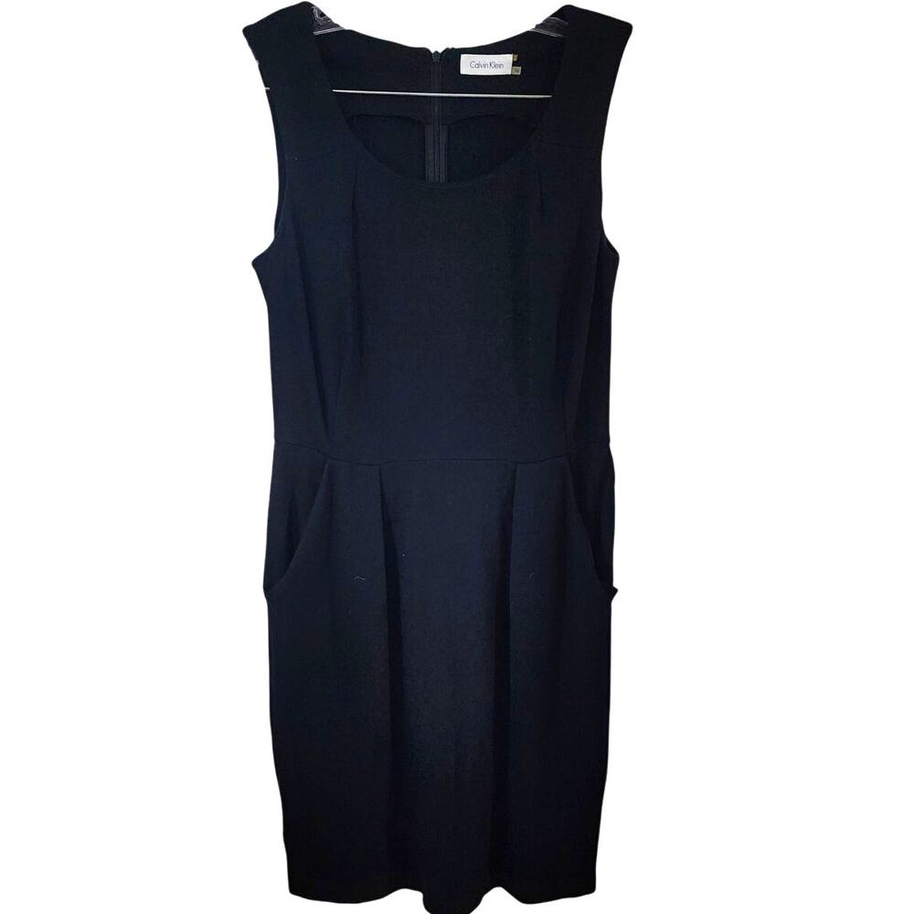 Calvin Klein Sleeveless Knee Length Black Career Dress Front Pockets Size 10